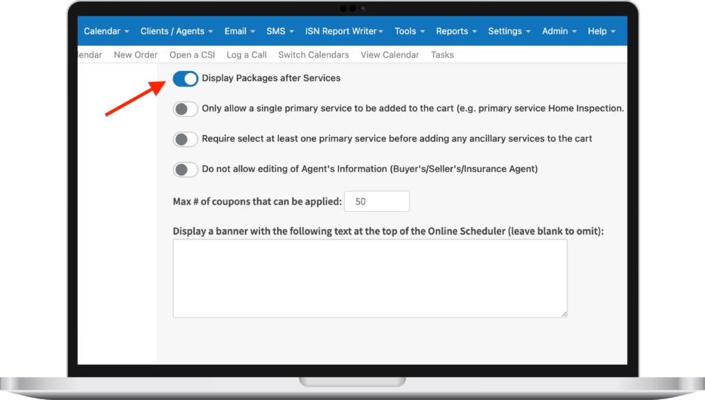 Packages After Services Toggle - home inspection software from ISN